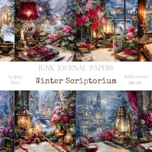 May include: Digital collage sheets titled "Junk Journal Papers Winter Scriptorium." The image features a winter scene with a desk, books, and flowers. The text includes "52 JPEG FILES" and "8.5x11 INCHES 300 DPI."