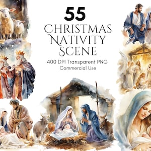 Clipart ze sceną narodzenia Bożego Narodzenia, Pakiet świąteczny, Nativity PNG, karty, Sceny świąteczne, Dziennik śmieci, Wykorzystanie komercyjne