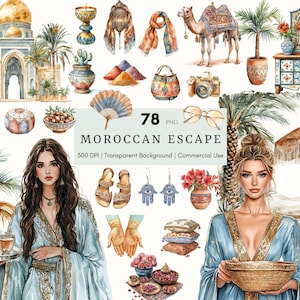 Aquarelle escapade marocaine Clipart, clipart Maroc, voyage PNG, intérieur marocain, Clipart Boho, vibrations du désert, planificateur d'autocollants numériques