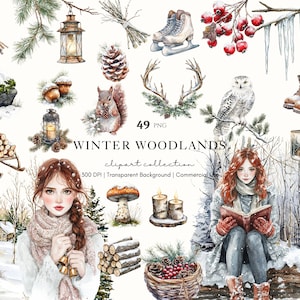 Peut inclure: Collection de cliparts à l'aquarelle intitulée "Winter Woodlands" présentant diverses illustrations sur le thème de l'hiver. Comprend des images d'un écureuil, d'un hibou, de patins à glace, de baies, de lanternes et d'une femme lisant. Le texte "49 PNG" est également inclus.