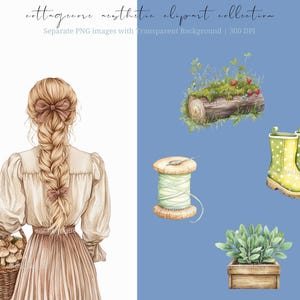 Watercolor cottagecore clipart featuring rustic elements, vintage-inspired designs, and spring floral ephemera. Perfect for digital planners, journaling stickers, and scrapbooking