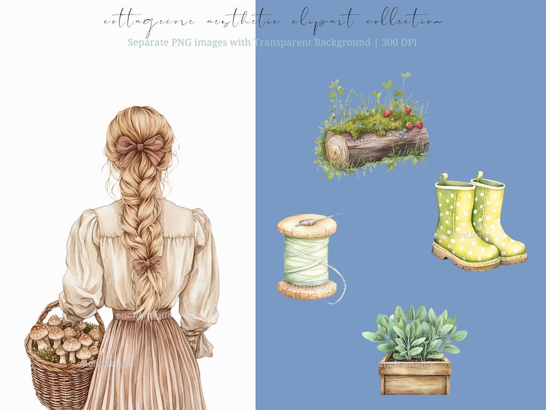 Watercolor cottagecore clipart featuring rustic elements, vintage-inspired designs, and spring floral ephemera. Perfect for digital planners, journaling stickers, and scrapbooking
