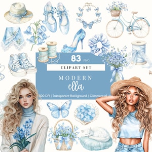 Moderne Ella lente clipart aquarel bloemen lente zomer clipart lichtblauwe bloemen lente Cottagecore digitale stickers plakboek