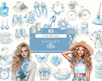 Modern Ella Spring Clipart Watercolor Floral Spring Summer Clipart Light Blue Floral Springtime Cottagecore Digital Stickers Scrapbook