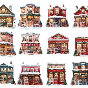 May include: Twelve illustrated Christmas shop buildings with snow-covered roofs, decorated with wreaths, garlands, and lights. Each shop has a unique storefront with a variety of Christmas-themed items displayed in the windows.