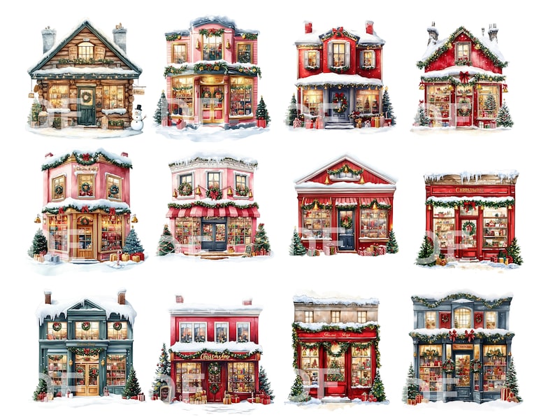 May include: Twelve illustrated Christmas shop buildings with snow-covered roofs, decorated with wreaths, garlands, and lights. Each shop has a unique storefront with a variety of Christmas-themed items displayed in the windows.