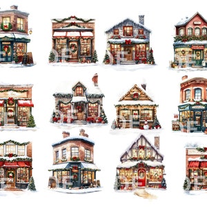 May include: Twelve watercolor illustrations of charming Christmas storefronts with snow-covered roofs, decorated with wreaths, garlands, and twinkling lights. Each storefront features a unique design and festive details, perfect for adding a touch of holiday cheer to your projects.