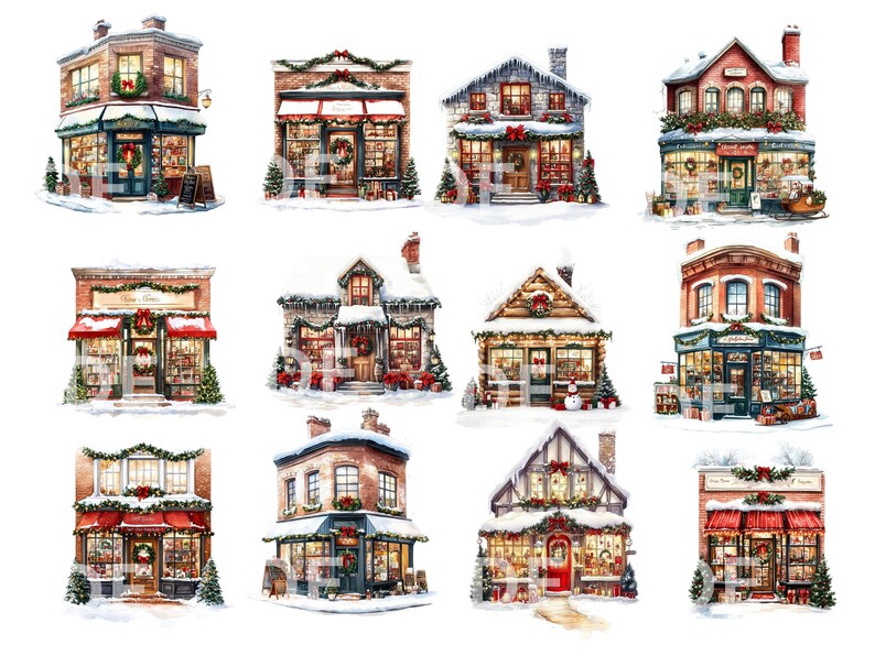 May include: Twelve watercolor illustrations of charming Christmas storefronts with snow-covered roofs, decorated with wreaths, garlands, and twinkling lights. Each storefront features a unique design and festive details, perfect for adding a touch of holiday cheer to your projects.