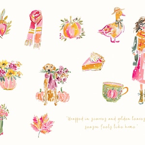 A whimsical watercolor clipart bundle titled Harvest Charm, featuring cozy autumn illustrations in bright, painterly style. Includes fall houses, pumpkins, scarves, books, turkeys, florals, and fashionable characters in warm seasonal tones. Ideal for digital stickers, planners, scrapbooking, and junk journaling. Brings a cheerful, glam fall aesthetic perfect for Thanksgiving, autumn crafting, and seasonal creative projects