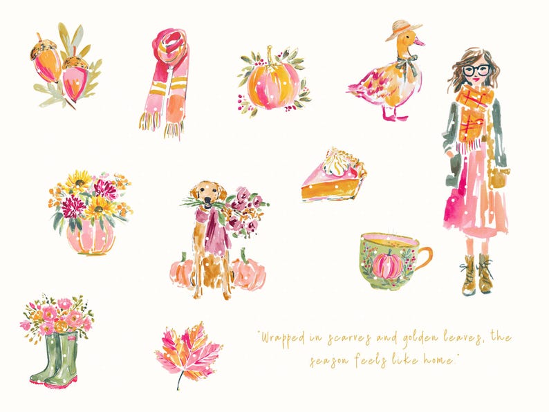 A whimsical watercolor clipart bundle titled Harvest Charm, featuring cozy autumn illustrations in bright, painterly style. Includes fall houses, pumpkins, scarves, books, turkeys, florals, and fashionable characters in warm seasonal tones. Ideal for digital stickers, planners, scrapbooking, and junk journaling. Brings a cheerful, glam fall aesthetic perfect for Thanksgiving, autumn crafting, and seasonal creative projects