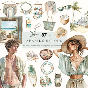 Clipart aquarelle promenade en bord de mer, clipart été côtier, nautique, plage d'été neutre, mode côtière, journal indésirable, autocollants numériques