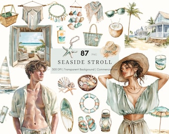 Watercolor Seaside Stroll Clipart, Coastal Summer Clipart, Nautical, Neutral Summer Beach, Coastal Fashion, Junk Journal, Digital Stickers