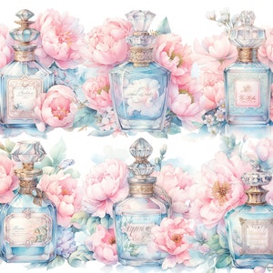 Puede incluir: Seis botellas de perfume de vidrio de estilo vintage con tapones y etiquetas adornados. Cada botella est&aacute; rodeada de peon&iacute;as rosas y otras flores delicadas. Las botellas est&aacute;n dispuestas en dos filas de tres.