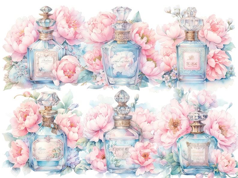 Puede incluir: Seis botellas de perfume de vidrio de estilo vintage con tapones y etiquetas adornados. Cada botella est&aacute; rodeada de peon&iacute;as rosas y otras flores delicadas. Las botellas est&aacute;n dispuestas en dos filas de tres.