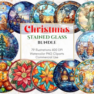 Christmas Stained Glass Watercolor Bundle Clipart, Digital PNG Files, Transparent Background, Instant Download, Commercial Use