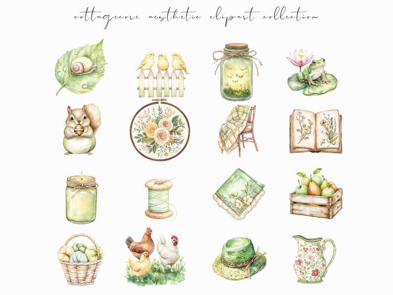 Watercolor cottagecore clipart featuring rustic elements, vintage-inspired designs, and spring floral ephemera. Perfect for digital planners, journaling stickers, and scrapbooking