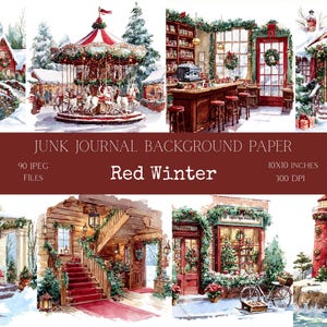 Escenas invernales en acuarela, imágenes prediseñadas navideñas clásicas en rojo, gráficos de paisajes nevados, descarga digital JPEG, imágenes prediseñadas de pueblo navideño