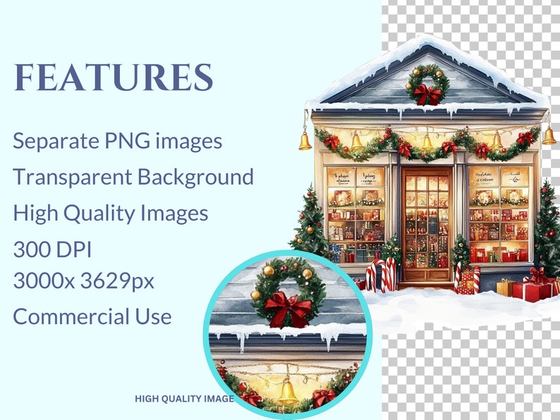 May include: A digital illustration of a Christmas storefront with a red door, decorated with wreaths, garlands, and lights. The storefront windows are filled with Christmas merchandise. The building is covered in snow.