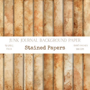 Könnte beinhalten: Eine Sammlung von fleckigen Papierbögen mit Vintage-Ästhetik. Die Papiere haben einen Used-Look mit Braun- und Beigetönen, und der Text "Junk Journal Background Paper" und "Stained Papers" ist sichtbar. Jedes Blatt ist 27,94 x 21,59 cm groß.
