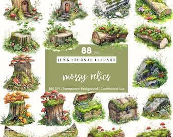 Watercolor Moss Clipart Mushroom Log PNG Toadstool Cottagecore Wildflower Junk Journal Border Botanical Ephemera Tree Stump Forest Scrapbook