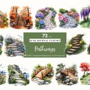 Peut inclure: 72 illustrations aquarelle de sentiers, ponts et marches en pierre. Les images sont parfaites pour le journalisation de rebuts, le scrapbooking ou la conception numérique. Les images sont de 300 DPI et ont un fond transparent.