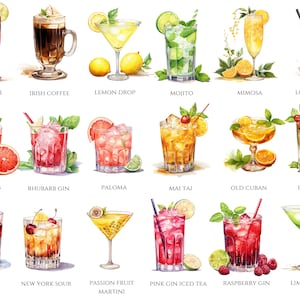 May include: Watercolor illustration of various cocktails, including Kir Royale, Irish Coffee, Lemon Drop, Mojito, Mimosa, and Long Island. Other cocktails include Salty Dog, Rhubarb Gin, Paloma, Mai Tai, Old Cuban, and Last Word. Also shown are Negroni, New York Sour, Passion Fruit Martini, Pink Gin Iced Tea, Raspberry Gin, and Lime Daiquiri.