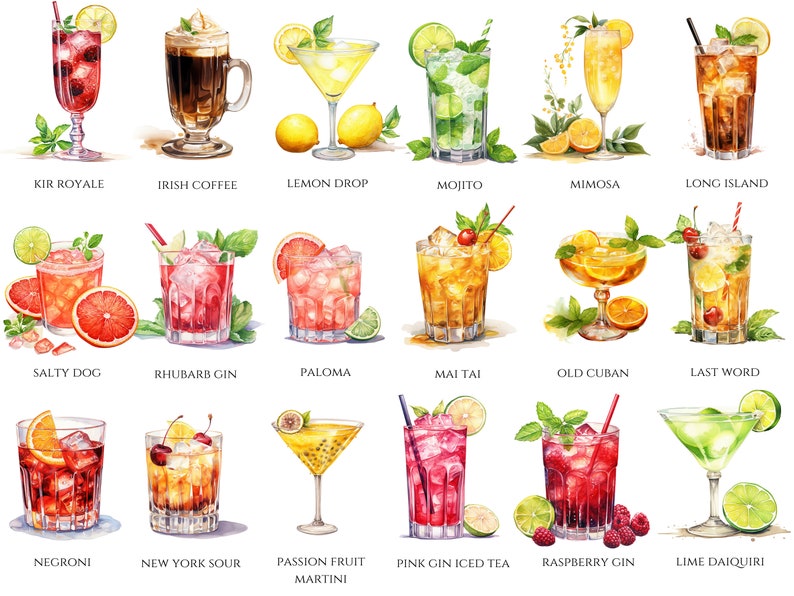 May include: Watercolor illustration of various cocktails, including Kir Royale, Irish Coffee, Lemon Drop, Mojito, Mimosa, and Long Island. Other cocktails include Salty Dog, Rhubarb Gin, Paloma, Mai Tai, Old Cuban, and Last Word. Also shown are Negroni, New York Sour, Passion Fruit Martini, Pink Gin Iced Tea, Raspberry Gin, and Lime Daiquiri.
