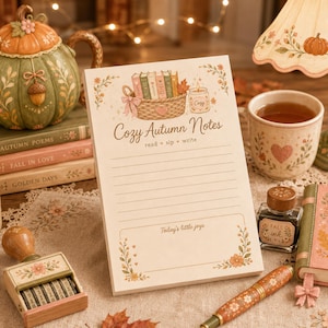 Op de afbeelding: Een rechthoekig notitieblok getiteld Cozy Autumn Notes met gelinieerd papier en een illustratie van een mand met boeken. Het blok bevat florale accenten en de tekst read, sip, write en Today's little joys. Het is omringd door een pompoentheepot, boeken, een kaars, een mok, inkt, een stempel en een dagboek.