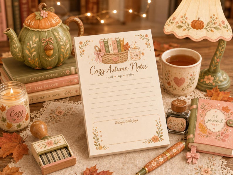 Op de afbeelding: Een rechthoekig notitieblok getiteld Cozy Autumn Notes met gelinieerd papier en een illustratie van een mand met boeken. Het blok bevat florale accenten en de tekst read, sip, write en Today's little joys. Het is omringd door een pompoentheepot, boeken, een kaars, een mok, inkt, een stempel en een dagboek.