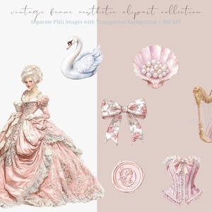 Watercolor pink vintage clipart featuring Rococo aesthetic elements and Victorian ephemera. Perfect for planner stickers, digital planners, and elegant digital scrapbooking.