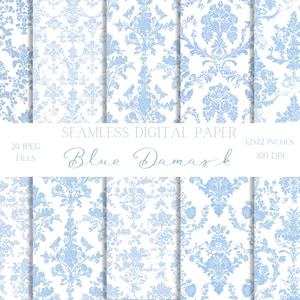 Papier numérique damassé bleu, toile de jouy française, motifs sans couture, arrière-plans chinois bleu clair et blanc pour papier de scrapbooking numérique
