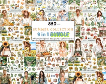 Watercolor Summer Clipart Bundle, Coastal Summer Mediterranean, Summer Vibes, Coastal Clipart, Nautical, Travel PNG, Digital Sticker Planner