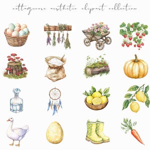 Watercolor cottagecore clipart featuring rustic elements, vintage-inspired designs, and spring floral ephemera. Perfect for digital planners, journaling stickers, and scrapbooking