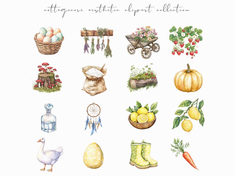Watercolor cottagecore clipart featuring rustic elements, vintage-inspired designs, and spring floral ephemera. Perfect for digital planners, journaling stickers, and scrapbooking