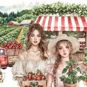Watercolor strawberry harvest clipart featuring spring and summer cottagecore elements. Perfect for digital stickers, planners, and junk journal projects with a fresh, botanical feel.