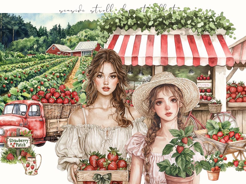 Watercolor strawberry harvest clipart featuring spring and summer cottagecore elements. Perfect for digital stickers, planners, and junk journal projects with a fresh, botanical feel.