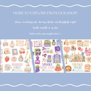 Op de afbeelding: Een lichtblauwe promotionele afbeelding met drie verschillende digitale clipart-sets. De sets zijn getiteld Bookish Girly, Spooky Book Club en Vintage Vegas, elk met diverse ge&iuml;llustreerde iconen, tekstlabels en informatie over het aantal bestanden.