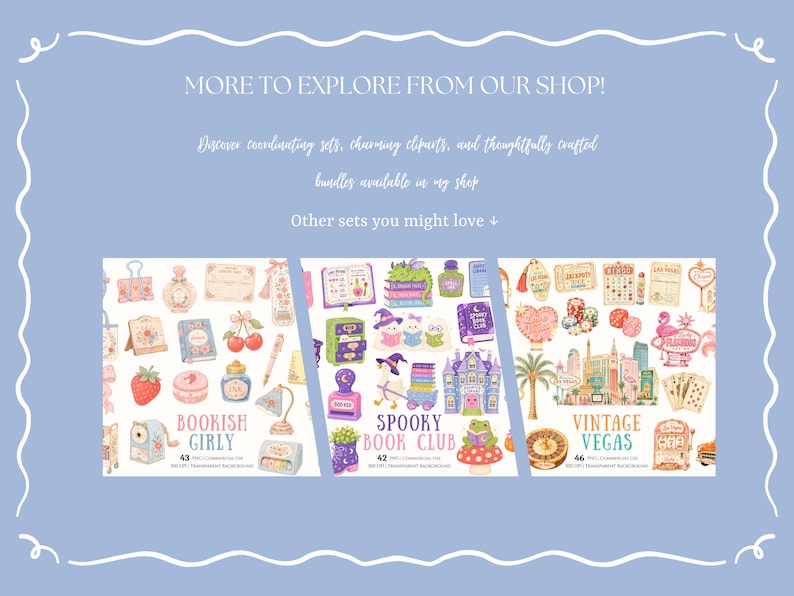 Op de afbeelding: Een lichtblauwe promotionele afbeelding met drie verschillende digitale clipart-sets. De sets zijn getiteld Bookish Girly, Spooky Book Club en Vintage Vegas, elk met diverse ge&iuml;llustreerde iconen, tekstlabels en informatie over het aantal bestanden.