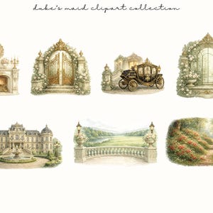 Op de afbeelding: Watercolor clipart collectie met een open haard, sierlijke poorten, een koets, een raam, een kasteel, een balkon en een tuinpad. De tekst luidt "duke's maid clipart collection".