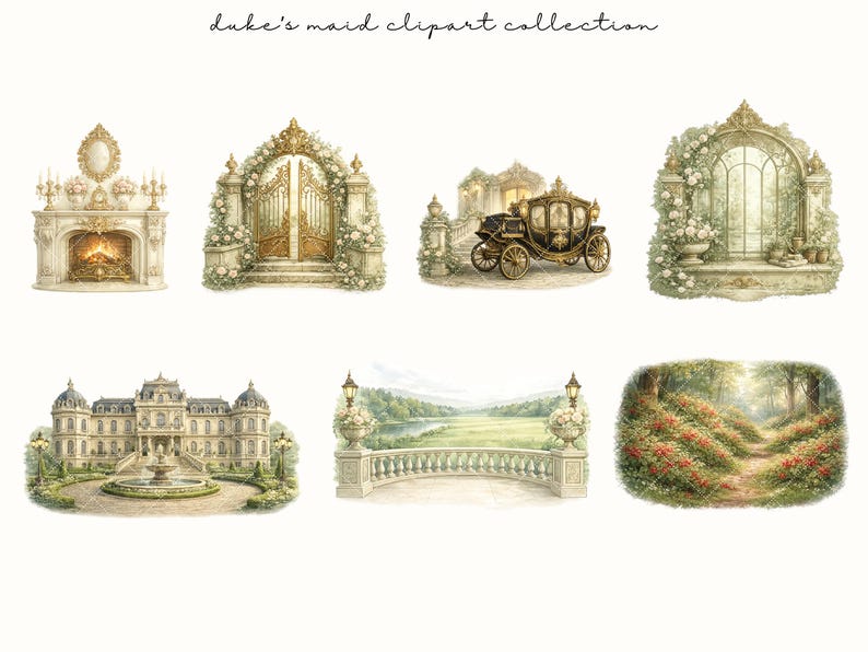Op de afbeelding: Watercolor clipart collectie met een open haard, sierlijke poorten, een koets, een raam, een kasteel, een balkon en een tuinpad. De tekst luidt "duke's maid clipart collection".