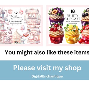 May include: A digital clipart set of 52 whimsical carnival illustrations and 18 fruity cupcake illustrations. The carnival illustrations are pink and white and include a carousel, a ticket booth, a popcorn stand, a hot dog stand, and a circus tent. The cupcake illustrations are colorful and feature various fruits and flowers.