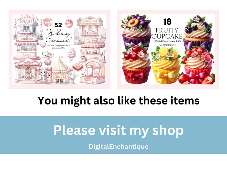 May include: A digital clipart set of 52 whimsical carnival illustrations and 18 fruity cupcake illustrations. The carnival illustrations are pink and white and include a carousel, a ticket booth, a popcorn stand, a hot dog stand, and a circus tent. The cupcake illustrations are colorful and feature various fruits and flowers.