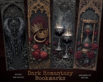 Dark Romantasy Bookmarks Digital PNG, Gothic Aesthetic Printable, Dark Academia Art, Bookish Gift for Fantasy Lovers, Instant Download