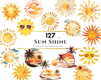 Watercolor Sun Clipart, Sun Clipart, Cute Sun Clipart, Sun PNG, Summer Vibes, Sunshine, Retro Sun PNG, Here Comes the Son, Commercial Use