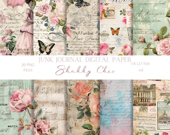 Shabby Chic Journal Pages, Decoupage Papers Floral & Ephemera Vintage Journal Page, Aesthetic Printable Digital Download, Scrapbooking Page