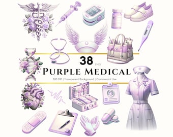 Purple Medical Elements Clipart Healthcare Projects Digital planner Digital Sticker PNG Sublimation Junk Journal Scrapbook Commercial Use