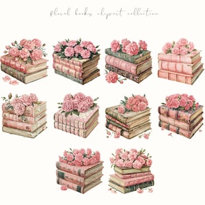 Floral book clipart featuring book stacks with flowers, perfect for booklovers and bookish aesthetics. Ideal for digital planners, stickers, and cozy creative projects.