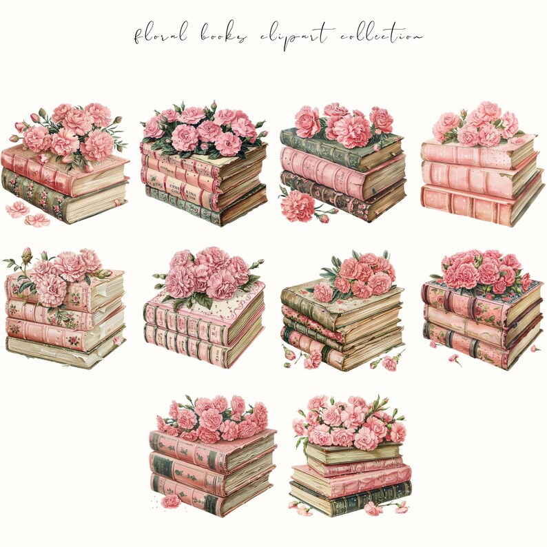 Floral book clipart featuring book stacks with flowers, perfect for booklovers and bookish aesthetics. Ideal for digital planners, stickers, and cozy creative projects.