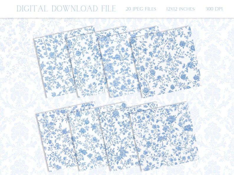 Light Blue Floral French Toile De Jouy Digital Paper Seamless Patterns ...