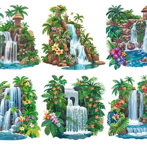 May include: Six illustrations of tropical waterfalls with lush green foliage, vibrant flowers, and stone structures. The waterfalls cascade down rocky cliffs into clear blue pools.